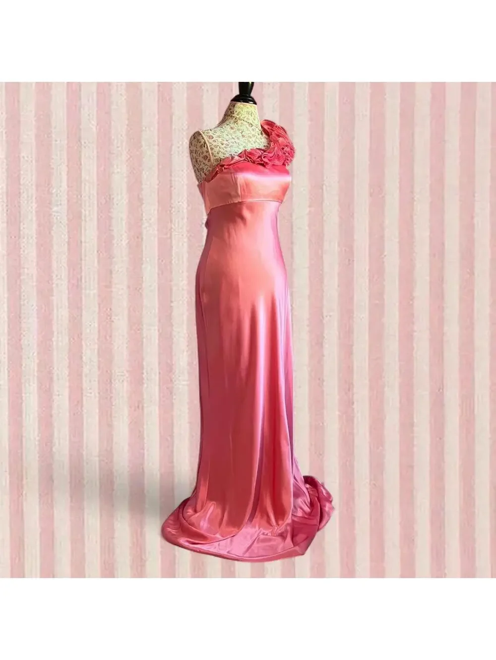 silk pink floor length dress with floral ruffles - Picture 3 of 8